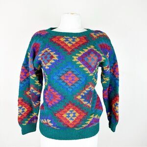 Vintage 90s Saks Fifth Avenue 100% Wool Chunky Colorful Pullover Sweater Small